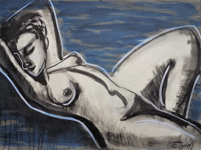 Reclining Nude 1.jpg :: Original contemporary figurative drawing on paper, unframed. Made using  charcoal and blue, black and white inks. Modern and minimalist  First in a series of drawings of reclining nudes inspired by Modigliani. Erotic and sensual image of a female nude relaxing lying down on her back.  Size 76 cm x 56 cm (30\