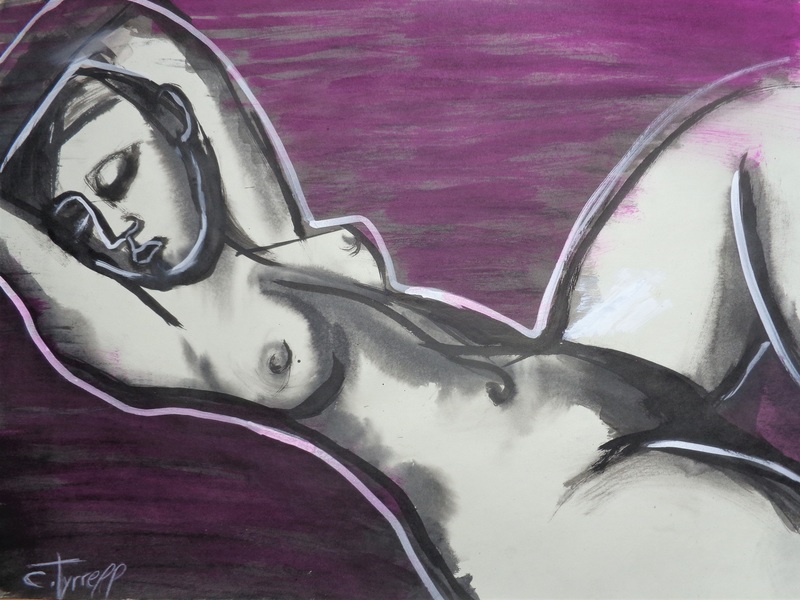 Reclining Nude 3.jpg :: Original contemporary figurative drawing on paper, unframed. Made using charcoal and purple, black and white inks. Modern and minimalist style. Part of a series of drawings of reclining nudes inspired by Modigliani. Erotic and sensual image of a female nude relaxing lying down on her back.  Size 76 cm x 56 cm (30\