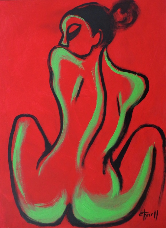 Red And Green Figure.jpg :: Original figurative minimalist painting on acid free quality paper, unframed. Part of a new series of colourful expressionist acrylic paintings of nude figures. Showing here back of a seated nude, made using red and green acrylic colours.  
Size 60 cm x 80 cm ( 23.5\