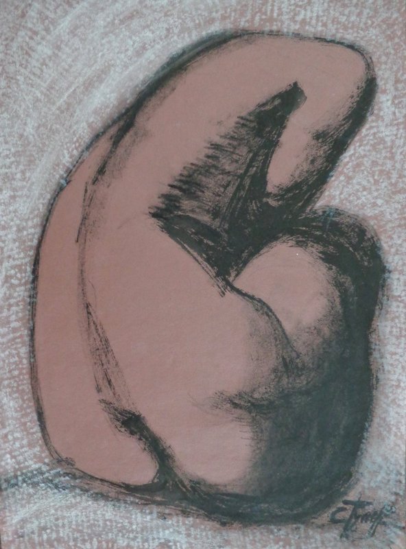 Regret - Female Nude.jpg :: Original contemporary figurative India ink and oil pastel drawing on toned paper, unframed. Frame required. Expressive and emotional back image of a seated distressed nude woman. Size 60 cm x 40 cm (23.5\