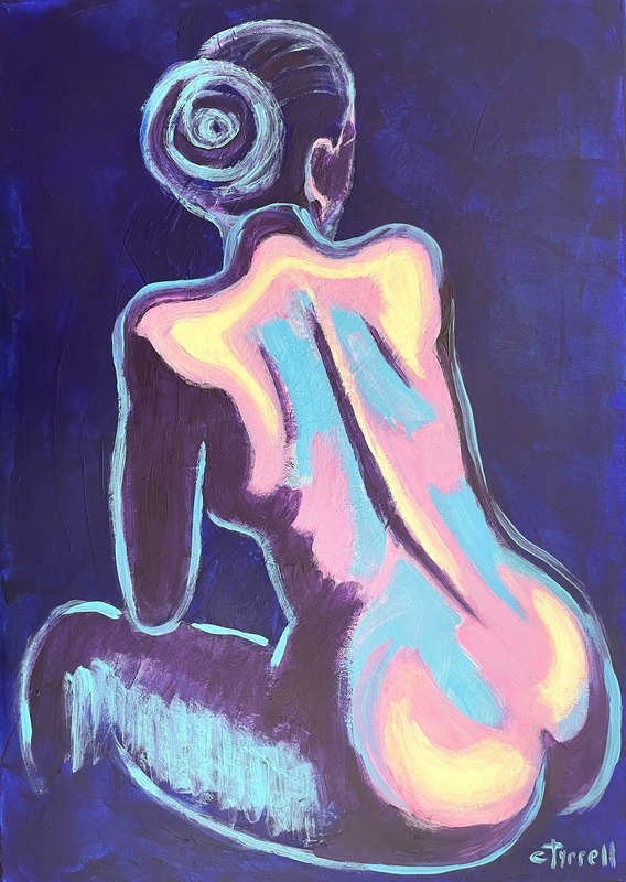 Relaxing Lady.jpg :: Original acrylics painting on canvas, painted edges and ready to hang. The third painting in a series of three, showing three different postures of female figures resting and unwinding. The colours used are predominating blue with some pink and white suggesting  cool air of summer nights. \