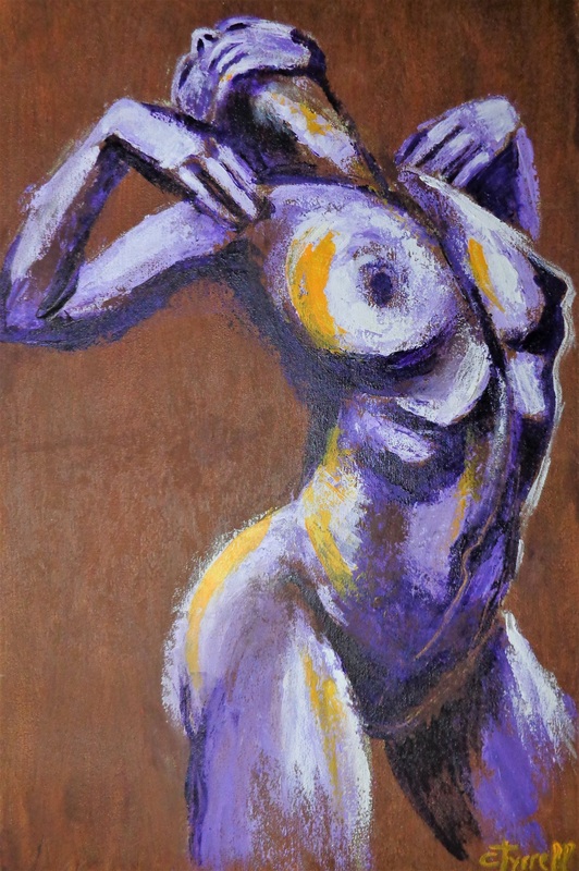 Rhythm 1 - Female Nude.jpg :: Original contemporary figurative acrylics painting on heavy textured paper, unframed. Part of a new series of nude figures in the dance movement showing the curves and shapes of the stretched body. Colourful and textured painting made with layers of burnt sienna, violet, purple and  orange applied with the palette knife. Matt varnish protected. Size 52 cm x 80 cm (20.5\