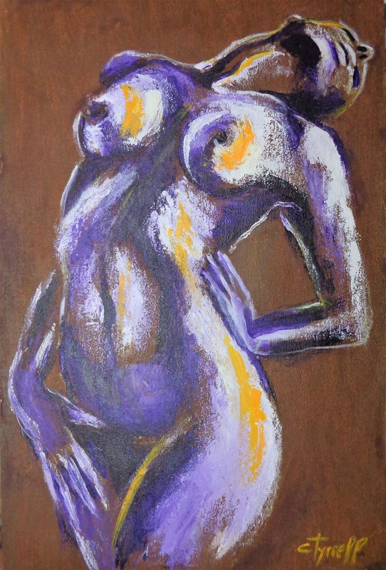 Rhythm 2 - Female Nude.jpg :: Original contemporary figurative acrylics painting on heavy textured paper, unframed. Part of a new series of nude figures in the dance movement showing the curves and shapes of the stretched body. Colourful and textured painting made with layers of burnt sienna, violet, purple and  orange applied with the palette knife. Matt varnish protected. Size 52 cm x 80 cm (20.5\
