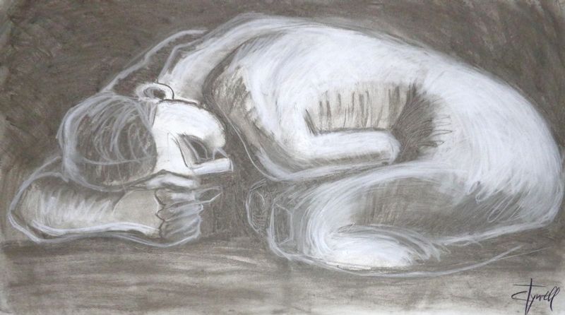 Sad Danaid - Female Nude.jpg :: Original figurative charcoal drawing on paper, unframed. Life size drawing made using XL charcoal blocks.Image of a sad woman lying face down, inspired by Rodin's sculpture \