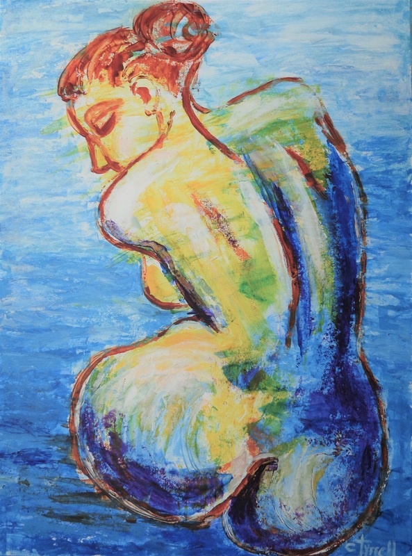 Sea Lover 1.jpg :: Original figurative acrylics painting on acid free paper, unframed. Textured and colourful artwork using yellow, orange, blue and purple, worked with the pallet knife. Rear view of a young woman bathing in the sea, part of a new series of paintings, tribute to Mother Nature. The series depicts the beauty of humans interacting with Nature. The representation of female nudes enjoying the Nature is a symbol of purity and liberation, as humans we are part of it. Size 74 cm x 54 cm (29\