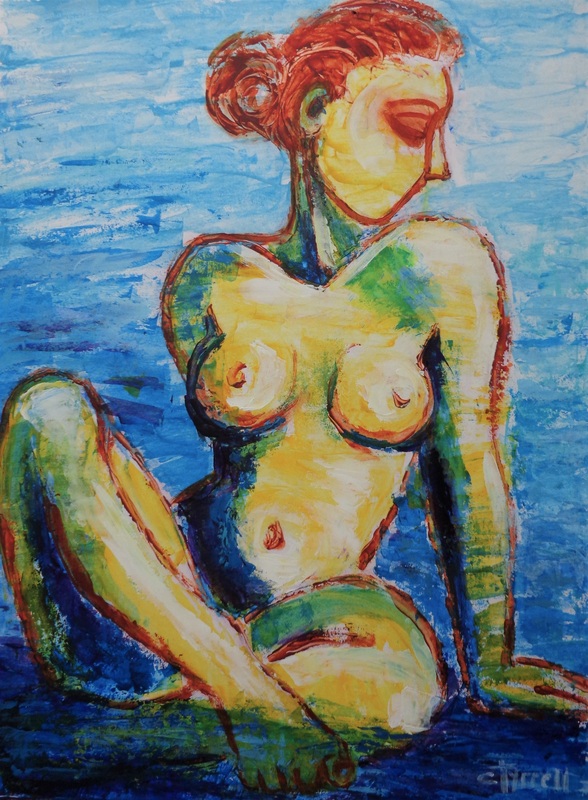 Sea Lover 2.jpg :: Original figurative acrylics painting on acid free paper, unframed. Textured and colourful artwork using yellow, orange, blue and purple, worked with the pallet knife. Frontal image of a young woman bathing in the sea, part of a new series of paintings, tribute to Mother Nature. The series depicts the beauty of humans interacting with Nature. The representation of female nudes enjoying the Nature is a symbol of purity and liberation, as humans we are part of it.
Size 74 cm x 54 cm (29\