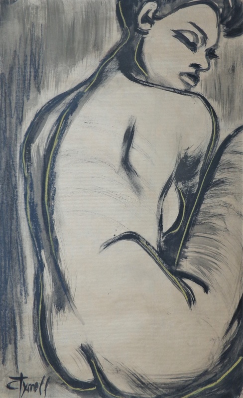Seductive - Female Nude.jpg :: Original contemporary figurative black watercolour and pastel painting on brown paper, unframed. Frame required. Back of a seated sensual female nude. Spontaneous painting with large brush strokes. Size 69 cm x 43 cm ( 27\