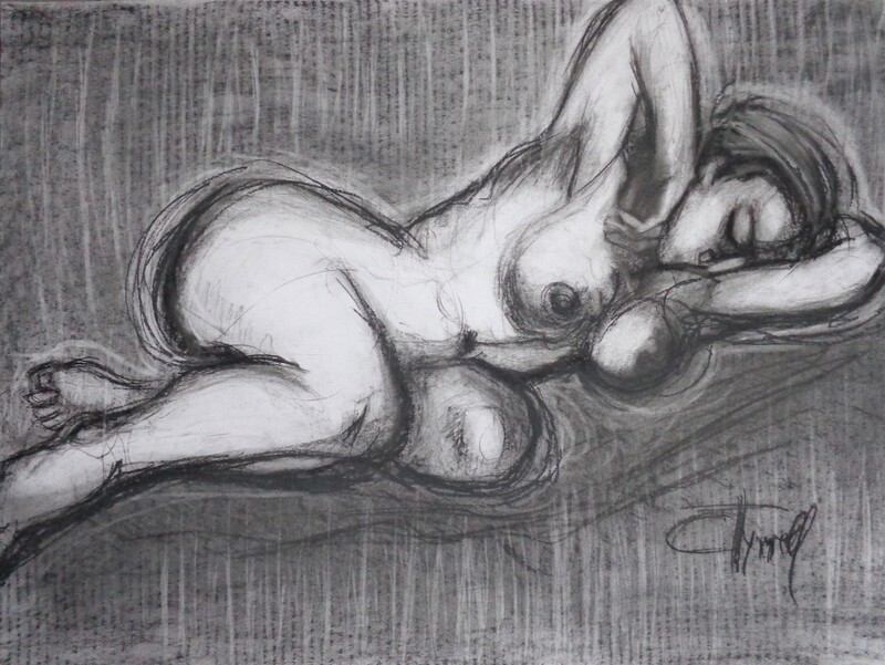 Siesta - Female Nude.jpg :: Original contemporary monochrome figurative charcoal drawing on 170 gsm paper, unframed. Erotic and sensual image of a female nude lying down and sleeping. Size 60 cm x 80 cm (23.5\