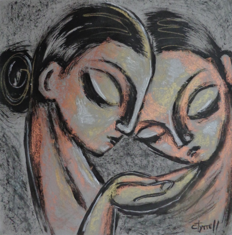 Sisters - Portrait.jpg :: Original figurative mixed media painting on grey paper, unframed. Made using black acrylic, Sennelier copper and gold oil pastel and chalk. Size 49 cm x 49 cm (19.25\