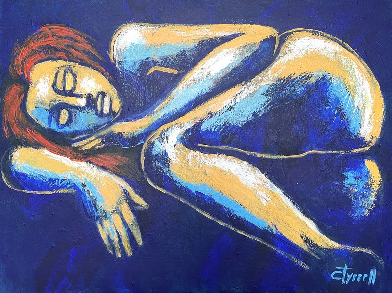 Sleeping Beauty 1.jpg :: Original acrylics painting on canvas, painted edges and ready to hang. Calm and relaxing image of a sleeping woman lying on her side. The position is often associated with warmth, friendliness and sensuality, also suggested through the use of blue and orange colour scheme. Size 80 cm x 60 cm x 1.5 cm (31.5\