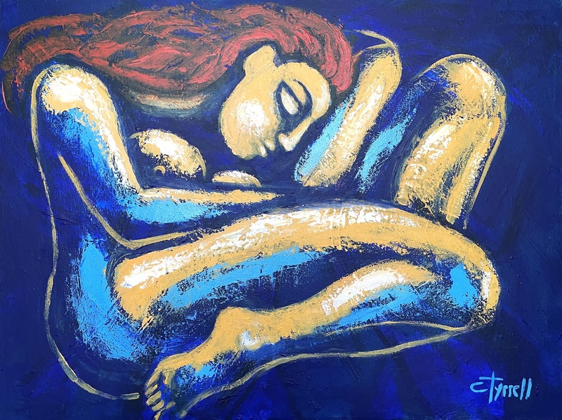 Sleeping Beauty 2.jpg :: Original acrylics painting on canvas, painted edges and ready to hang. Calm and relaxing image of a reclining sleeping woman with her head resting on her bent arm. The painting captures a moment of deep sleep,the position is often associated with warmth and sensuality,also suggested through the use of blue and orange colour scheme. Size 80 cm x 60 cm x 1.5 cm (31.5\