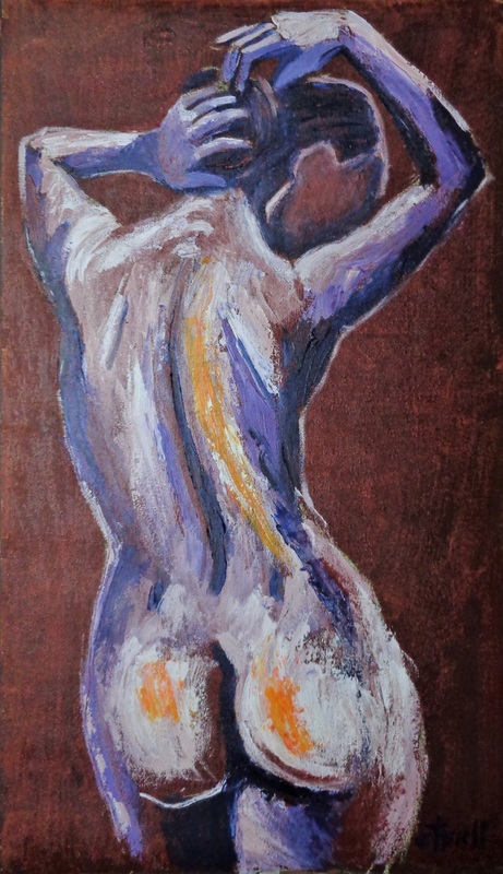 Slender Nude Figure Back.jpg :: Original contemporary figurative acrylics painting on heavy textured paper, unframed. Part of a new series of nude paintings on long size paper. Sensual image of a standing up nude woman styling her hair, view from the rear. Textured painting made with layers of warm colours as burnt sienna, cream, orange and purple, applied with the palette knife. Matt varnish protected. Size 52 cm x 90 cm (20.5\