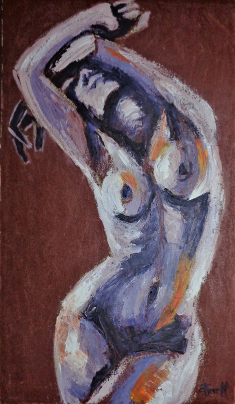 Slender Nude Figure Front.jpg :: Original contemporary figurative acrylics painting on heavy textured paper, unframed. Part of a new series of nude paintings on long size paper. Sensual frontal image of a standing up nude woman stretching with her arms up. Textured painting made with layers of warm colours as burnt sienna, cream, orange and purple, applied with the palette knife. Matt varnish protected. Size 52 cm x 90 cm (20.5\