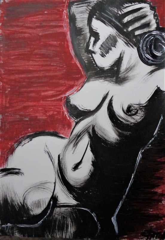 Spanish Feeling - Female Nude.jpg :: Original figurative painting on paper, unframed. Black and red acrylics with white pastel on white granulated paper. Expressive painting made using a 2 inch DIY brush and palette knife. Sensual image of a female nude torso. Size 50 cm x 70 cm (20\