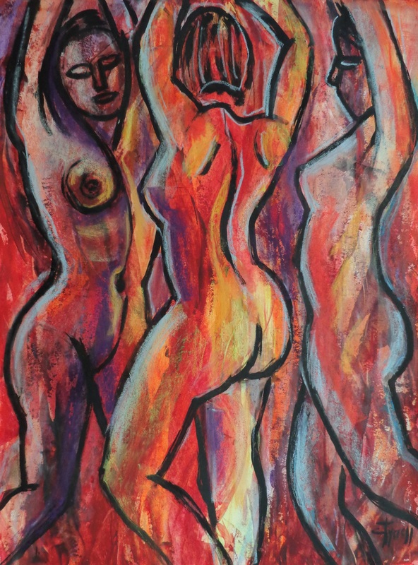 Summer Glow 1.jpg :: Original figurative acrylics painting with pastel accents on acid free paper, unframed. Energetic artwork, large strokes of red, yellow, orange and blue colours. Part of a series of climate change,paintings inspired by the strange summer of the year 2023. Image of three happy young women enjoying the summer time. Size 76 cm x 56 cm (30\