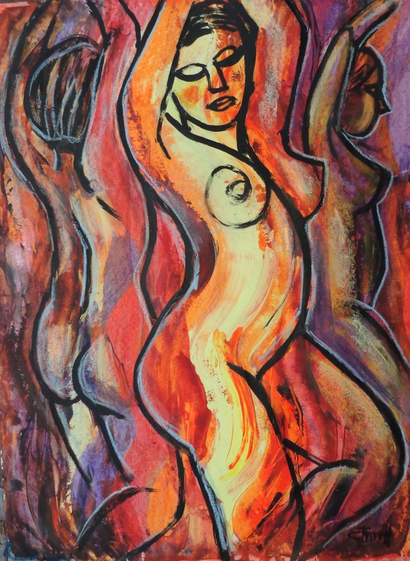 Summer Glow 2.jpg :: Original figurative acrylics painting with pastel accents on acid free paper, unframed. Energetic artwork, large strokes of red, yellow, orange and blue colours. Part of a series of climate change,paintings inspired by the strange summer of the year 2023. Image of three happy young women enjoying the summer time. Size 76 cm x 56 cm (30\