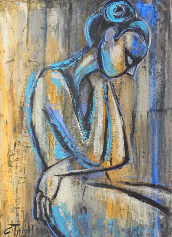 Summer Rain 1.jpg :: Original figurative acrylics painting with pastel accents on acid free paper, unframed. Energetic artwork, large strokes of blue,grey, yellow and orange colours. Part of a series of climate change,paintings inspired by the strange summer of the year 2023. Image of a young woman emotionally distressed by the cold summer rain. Size 76 cm x 56 cm (30\