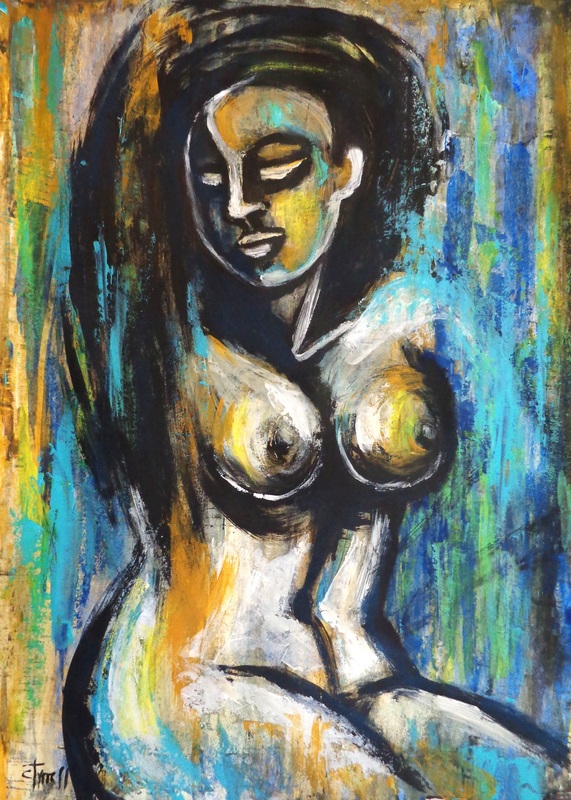 Summer Rain 2.jpg :: Original figurative acrylics painting with pastel accents on acid free paper, unframed. Spontaneous artwork, large strokes of blue,grey, yellow and orange colours. Part of a series of climate change, paintings inspired by the strange summer of the year 2023. Image of a young woman trying to ignore the  cold summer rain. Size 76 cm x 56 cm (30\