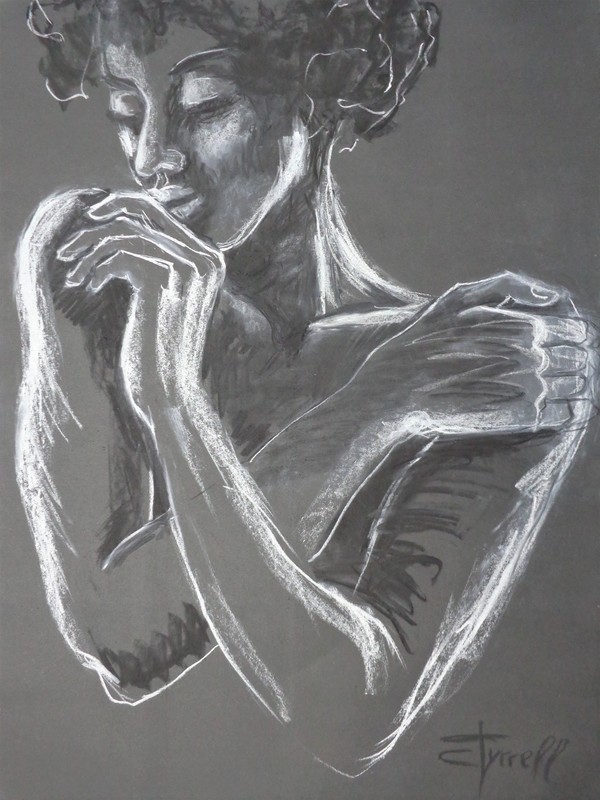Sweet Memories - Portrait Of A Woman.jpg :: Original contemporary figurative charcoal and white pastel drawing on black paper, unframed. New series of monochrome modern and spontaneous portrait drawings of women expressing feelings and moods. Image of a romantic woman with crossed arms, moved by her sweet memories. Size 60 cm x 80 cm (23.5\