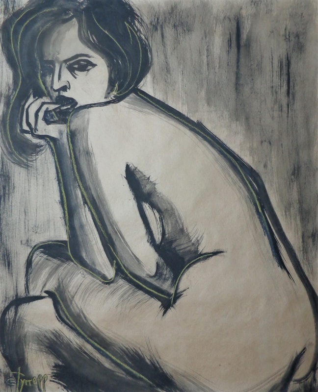 Tempting - Female Nude.jpg :: Original contemporary figurative black watercolour and pastel painting on brown paper, unframed. Frame required. Semi-profile of seated sensual female nude. Spontaneous painting with large brush strokes. Size 85 cm x 69 cm ( 33.5\