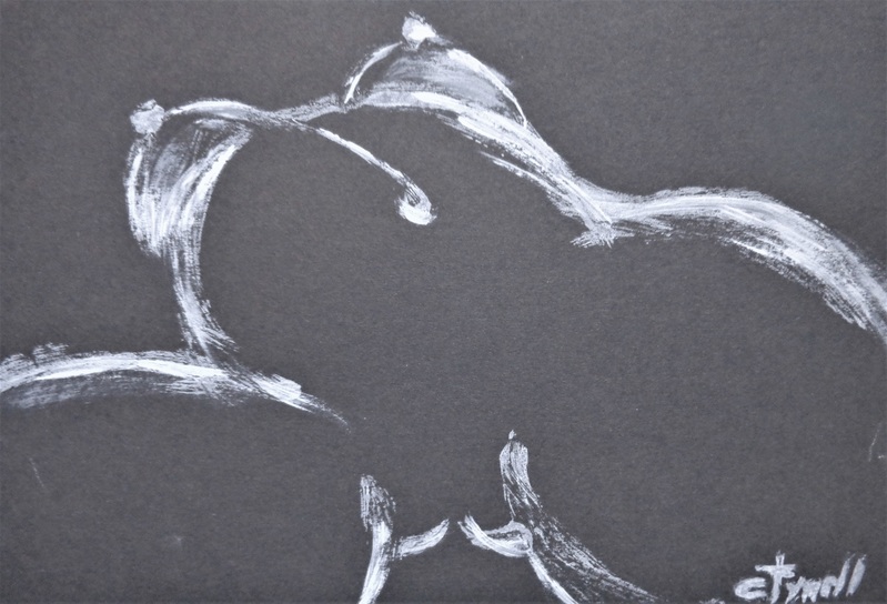 The Origin 2 - Female Nude.jpg :: Original monotype print on black card, unframed. The second painting in the series. Abstracted interpretation of a female nude lying down, inspired by Gustave Courbet painting \