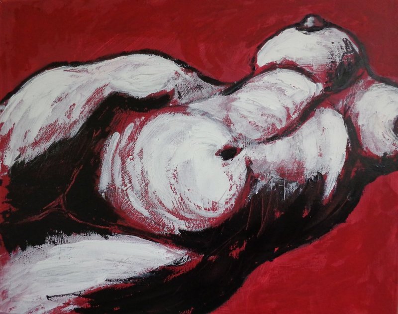 Torso On Red.jpg :: Original contemporary acrylics painting on canvas, painted edges and ready to hang. A figurative semi-abstract painting, frontal representation of a female nude's torso. The work was produced using  black, red and white acrylic paint.  Heavy texture created by using the palette knife techniques. Size 50cm x 60cmx 1.5cm(20\