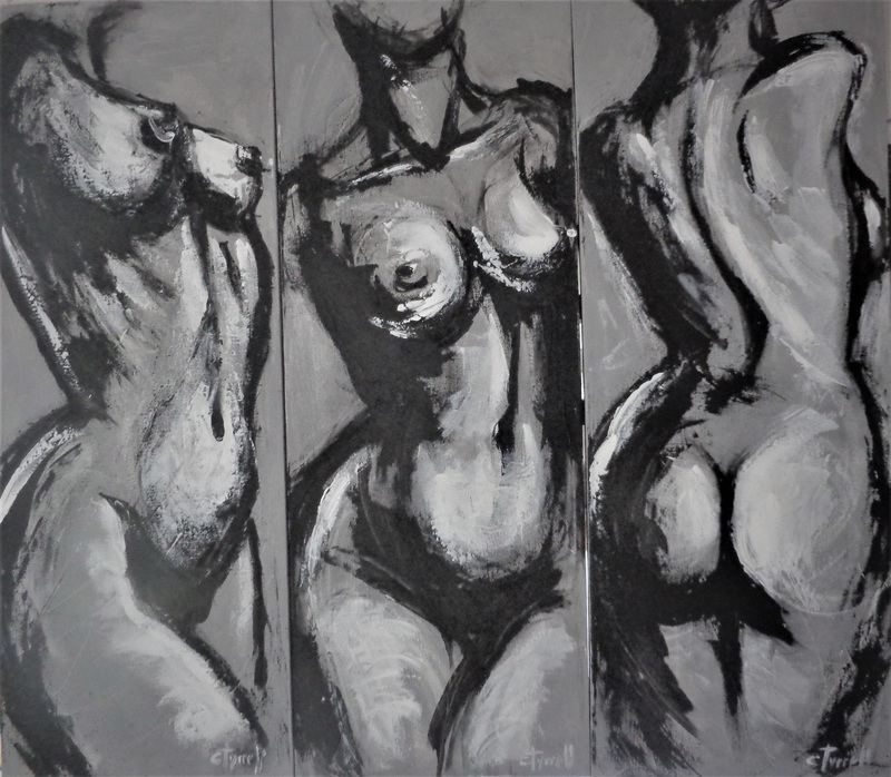 Triptych - Three Grey Graces.jpg :: Original figurative textured acrylics paintings on deep edge canvas, unframed, ready to hang. From the series of \