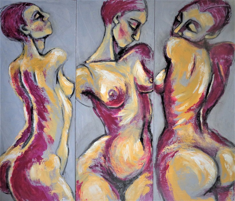 Triptych - Three Pink Graces.jpg :: Original figurative textured acrylics paintings on deep edge canvas, unframed, ready to hang. From the series of \