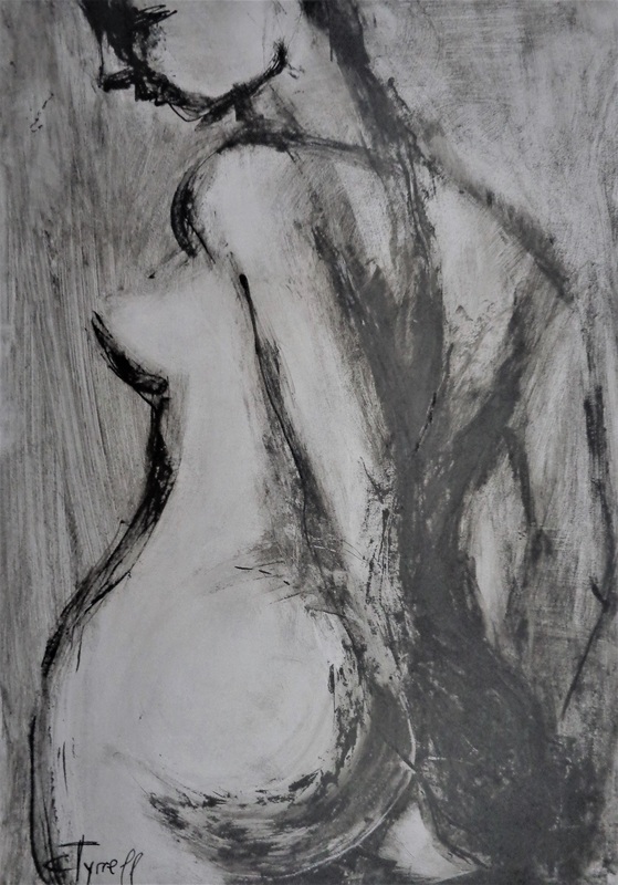 Turning Back 1 - Female Nude.jpg :: Original contemporary figurative painting, unframed. Frame required. Black acrylic and ink on glossy paper using the palette knife. Sensual female nude turning her back. Size 46 cm x 32 cm (18\