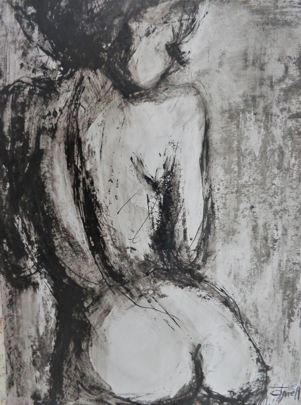 Turning The Back 2 - Female Nude.jpg :: Original contemporary monochrome figurative painting, unframed. Frame required. Black acrylic and ink on glossy paper using the palette knife. Graceful female nude turning her back. Size 39 cm x 32 cm (15.5\