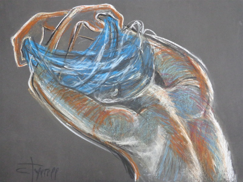 Undressing Nude.jpg :: Original contemporary figurative drawing on black paper,unframed. Made using blue and orange oil pastels, charcoal and white pastel.  Rear image of a sensual female nude back with focus on movement of arms and  hands while undressing. 
Size 59 cm x 80 cm (23.5\