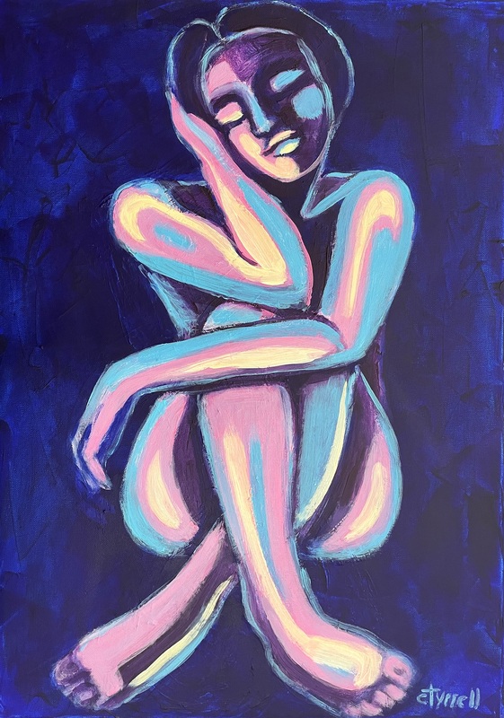 Unwinding Lady.jpg :: Original acrylics painting on canvas, painted edges and ready to hang. Second painting in a series of three, showing three different postures of female figures resting and unwinding. The colours used are predominating blue with some pink and white suggesting  cool air of summer nights. \