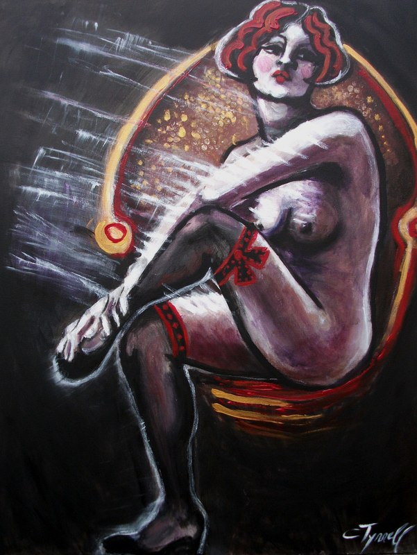 Vintage Years - Black Stockings  Female Nude.jpg :: Original contemporary figurative Art Deco painting on canvas, painted edges and ready to hang. Multi-coloured oils and acrylics with gold art work. A romantic and erotic vintage image of a woman sitting down, crossed legs. 
Canvas size 101 cm x 81 cm  x 1.5 cm( 40\