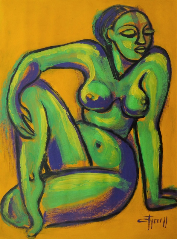 Yellow And Green Nude.jpg :: Original figurative painting on acid free quality paper, unframed. Part of a new series of colourful expressionist acrylic paintings of nude figures. Showing here front of a seated nude, made using yellow, green and purple acrylic colours.  
Size 60 cm x 80 cm ( 23.5\