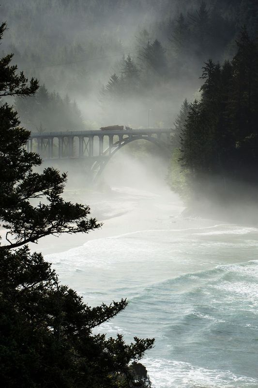 ralphie_65U7377.jpg :: A logging truck passes over a bridge on the Oregon Coast