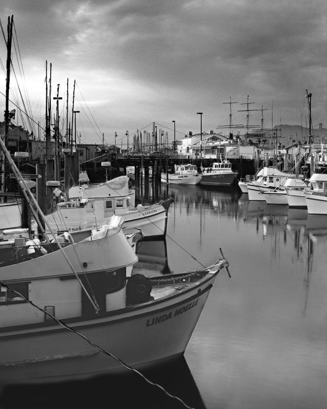 San Francisco -- Before the Storm -- Fishermans Wharf -- Rectangle.jpg :: Boat Basin at Fisherman's Wharf.  Exposed at 350 PM on December 30, 2009 on TMax 100 film through a 100 mm lens behind a red filter on a Hasselblad 500 CM.  The lens was set at an aperture of f22 and the shutter speed was 2 seconds. 