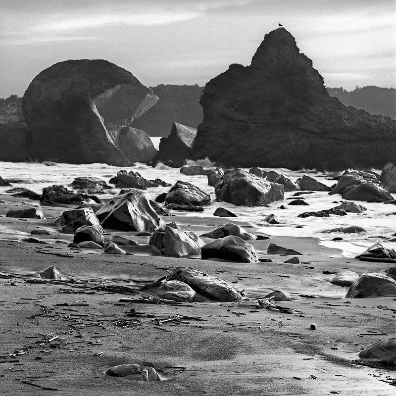 Coast - Helmet Rock.jpg :: Helmet Rock near Baker Beach, San Francisco Presidio.  Exposed at 5:30 PM, February 25, 1986 through a 150 mm lens on Hasselblad 500 CM using Kodak Tri-X at f16 and 1/15 second with no filter.    To see rectangular version of this image, click on \