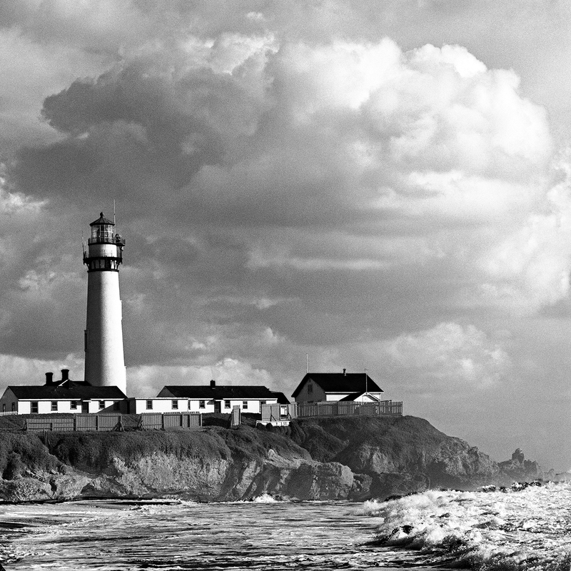 Coast -- Pigeon Point Light.jpg :: Pigeon Point Light on the San Mateo County coast.  Exposed at 7:00 PM, March 18, 1986 through a 150 mm lens on Hasselblad 500 CM using Kodak Tri-X at f11 and 1/500 of a second with a yellow filter.  