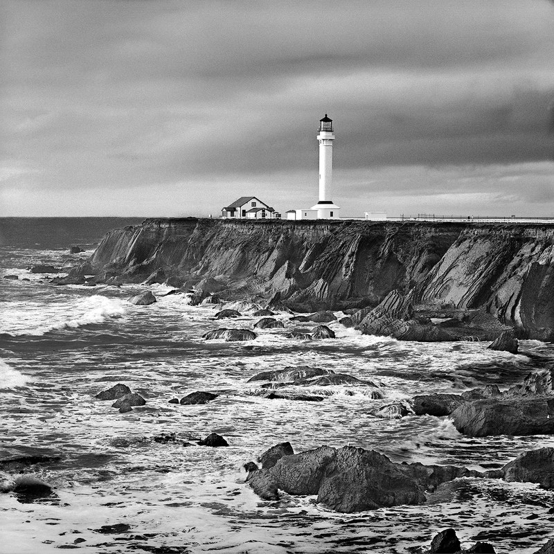 Coast -- Point Arena Light.jpg :: The light house at Point Arena in Mendocino County.  The exposure was made on Christmas Day, 2010.  It was made on Kodak TMAX 400 film in a Hasselblad 500 C/M through a 150 mm lens behind a 12 yellow filter.  The lens was set at an aperture of f/4 and a 1/15 second shutter speed.
