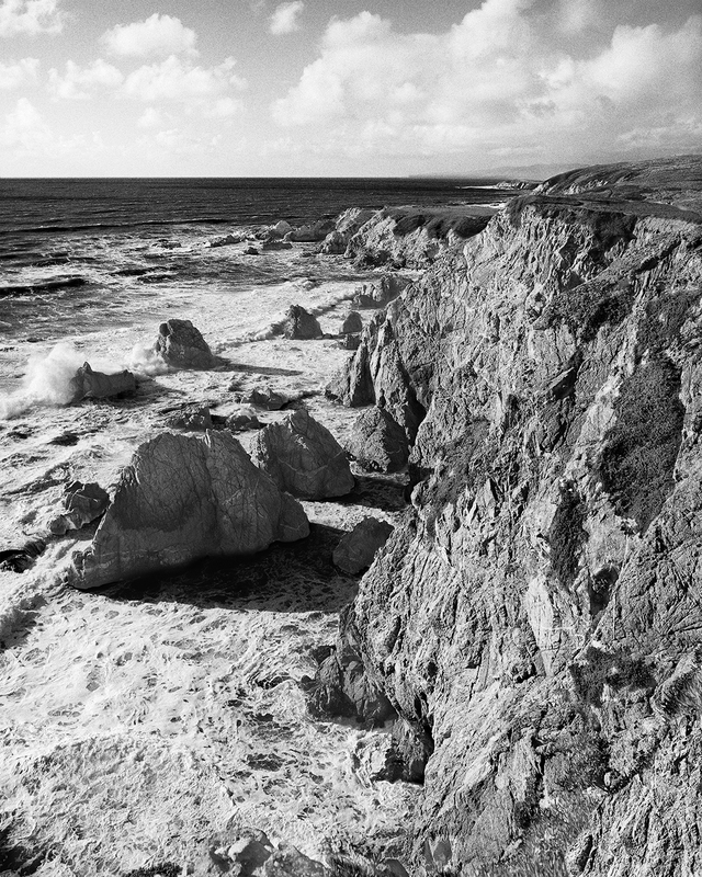 Coast -- Storm Remnants Bodega Head.jpg :: Looking north along the 160-foot-high bluff at Bodega Head, Sonoma County.  Exposed at 4:45 PM, March 5, 2017 through 50 mm lens on Hasselblad 500 CM using TMAX 400 at f5.6 and 1/60 of a second with a yellow filter.   