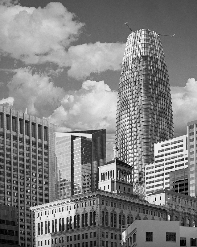 San Francisco -- A Hundred Years of Architecture.jpg :: Salesforce Tower (tallest building west of the Mississippi) -- completed in 2018 -- with the old Southern Pacific Building -- completed in 1917 -- in the foreground. Exposed at 7:30 AM on April 12, 2019 through a 100 mm lens on a Hasselblad 500 CM using Kodak TMax 400 film at a lens aperture of f/8 and shutter speed of 1/125 of a second with a yellow filter.  