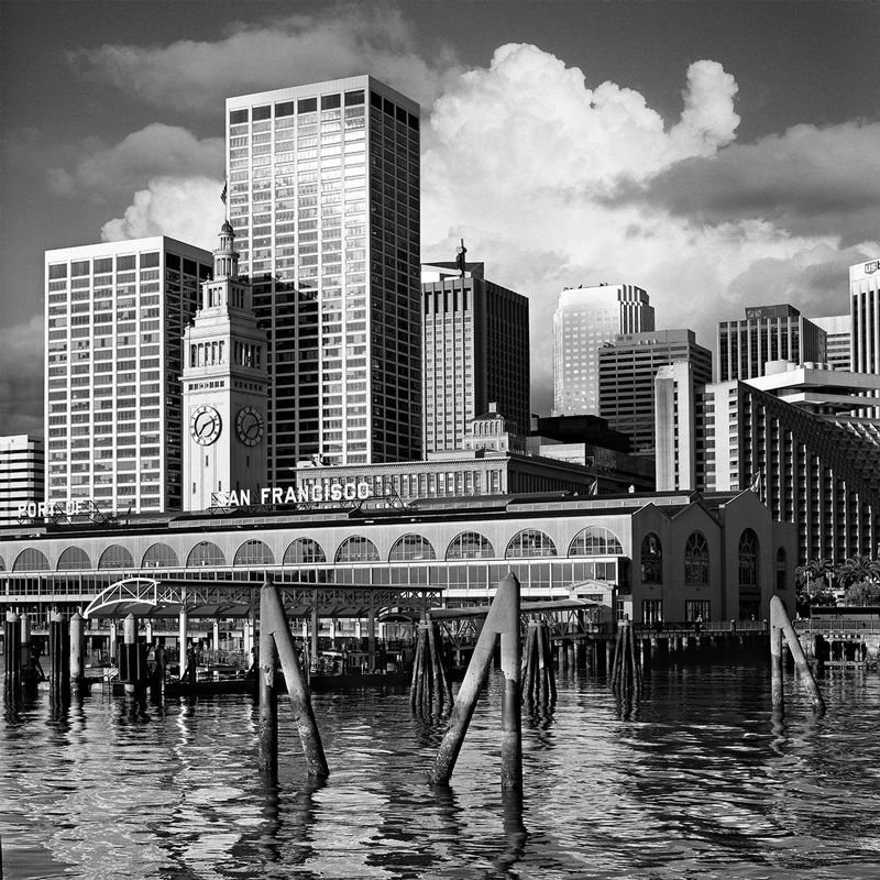 San Francisco -- Ferry Building Sunrise.jpg :: San Francisco's Ferry Building just after sunrise.  Exposed at 7:11 AM on May 9, 2009 through a 150 mm lens at an aperture of f/22 and a shutter speed of 1/4 second behind a yellow filter on a Hasselblad 500 C/M