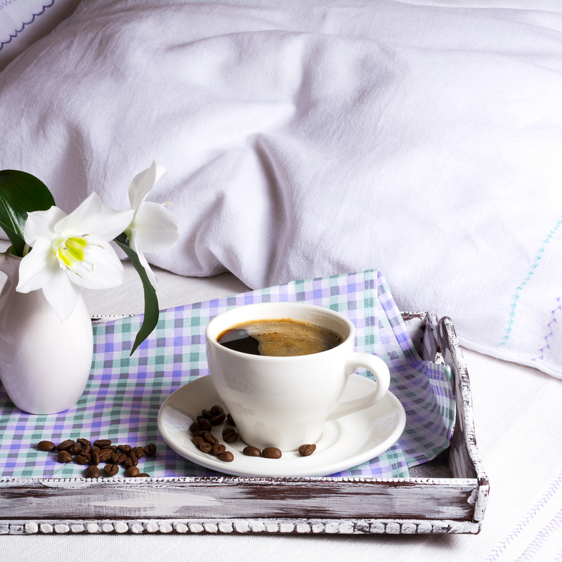 669(1).jpg :: Cup of strong coffee with white flowers on rustic wooden serving tray. Tender love concept.Square