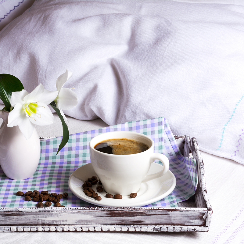 669.jpg :: Cup of strong coffee with white flowers on rustic wooden serving tray. Tender love concept.Square