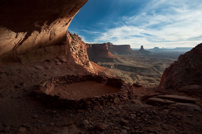 VIEW OF THE ANCIENTS.jpg :: ISLAND IN THE SKY DISTRICT - CANYONLANDS NATIONAL PARK, UTAH.
A small and challenging unmarked trail leads over the mesa cliffs overlooking the Colorado River. Hidden high in the cliffs within a large alcove matrix this small ancestral Pueblo ceremonial structure has witnessed the coming and vanishing of the people who built and used it. 

 
