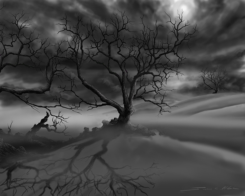 2007 Ravens Night.jpg :: Rotting Dead, spooky Tree alone on a hill near a cemetery.  Prints, Giclees on canvas and Necklaces available in various sizes