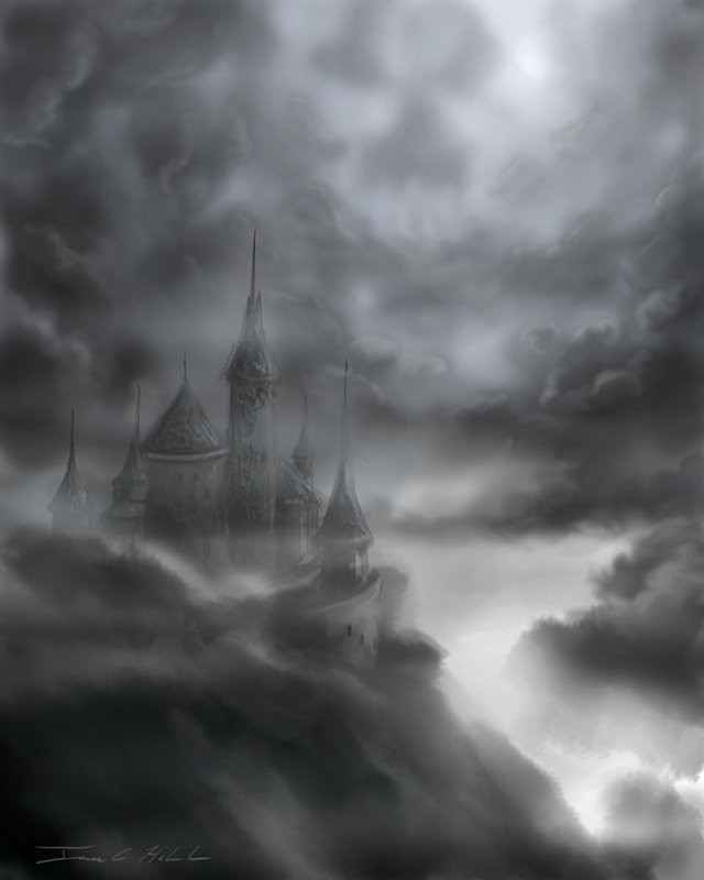 2008 Skull Castle.jpg :: Dark Castle high on the mountain with a skull in the sky.  Prints, Giclees on canvas and Necklaces available in various sizes