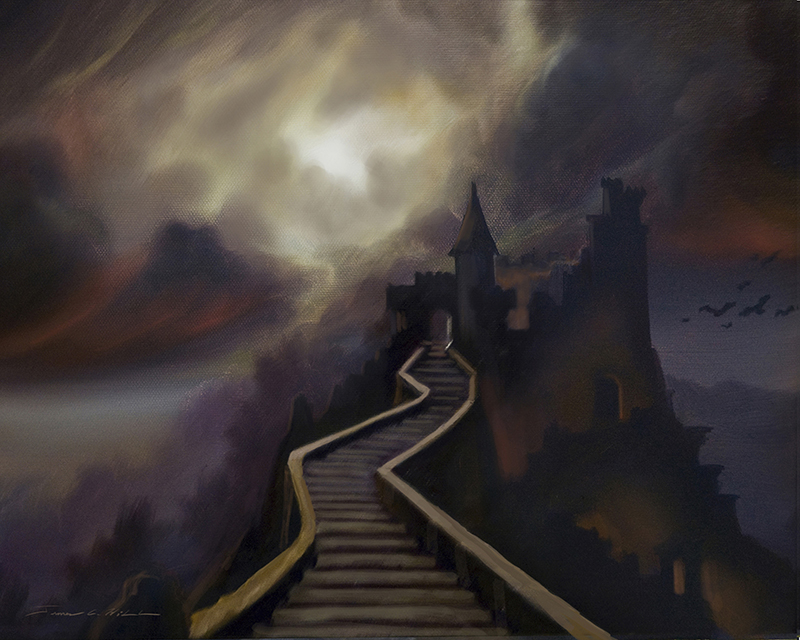 2011 Draculas Castle.jpg :: The Castle of Darkness on a High Mountain Top with Steps - Original Oil on Canvas - 11\
