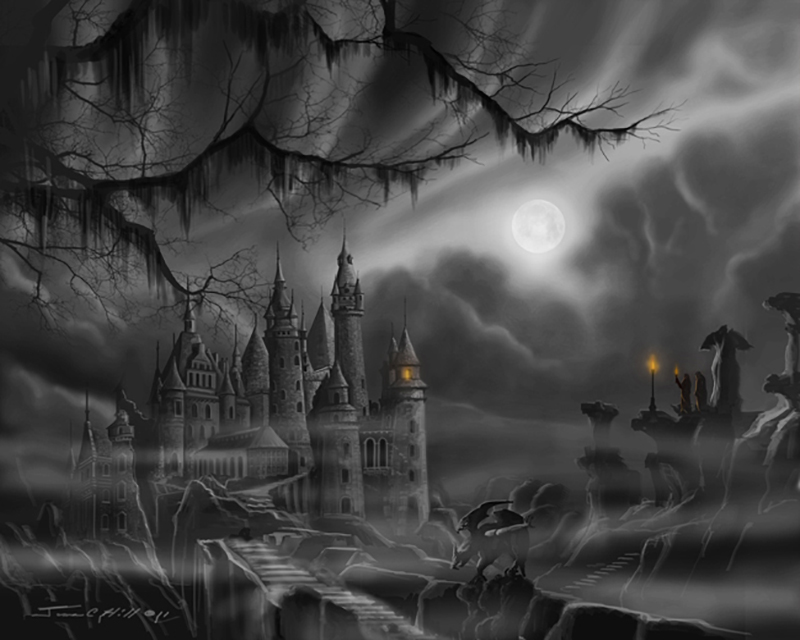 2011 LG Castle of Radja Nadja With Gargole.jpg :: A dark castle in the distance with strange visitors in the middle of the night to a casle that is supposed to be completely abandoned