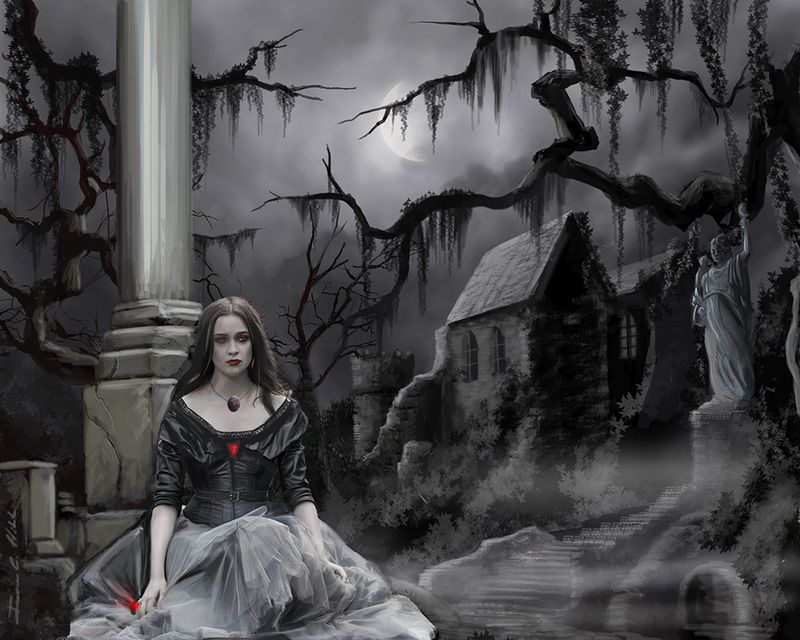 2012 - The Dark Caster Awaits.jpg :: A painting depicting a sorceress contemplating her future.  Prints, Giclees on canvas and Necklaces available in various sizes